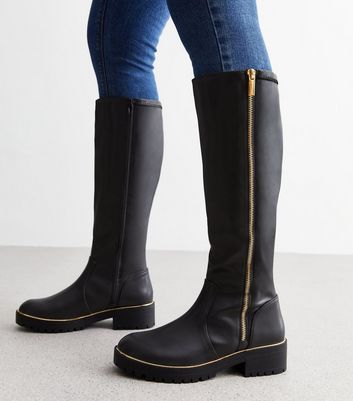 Wide Fit Black Leather-Look Chunky Knee High Boots New Look