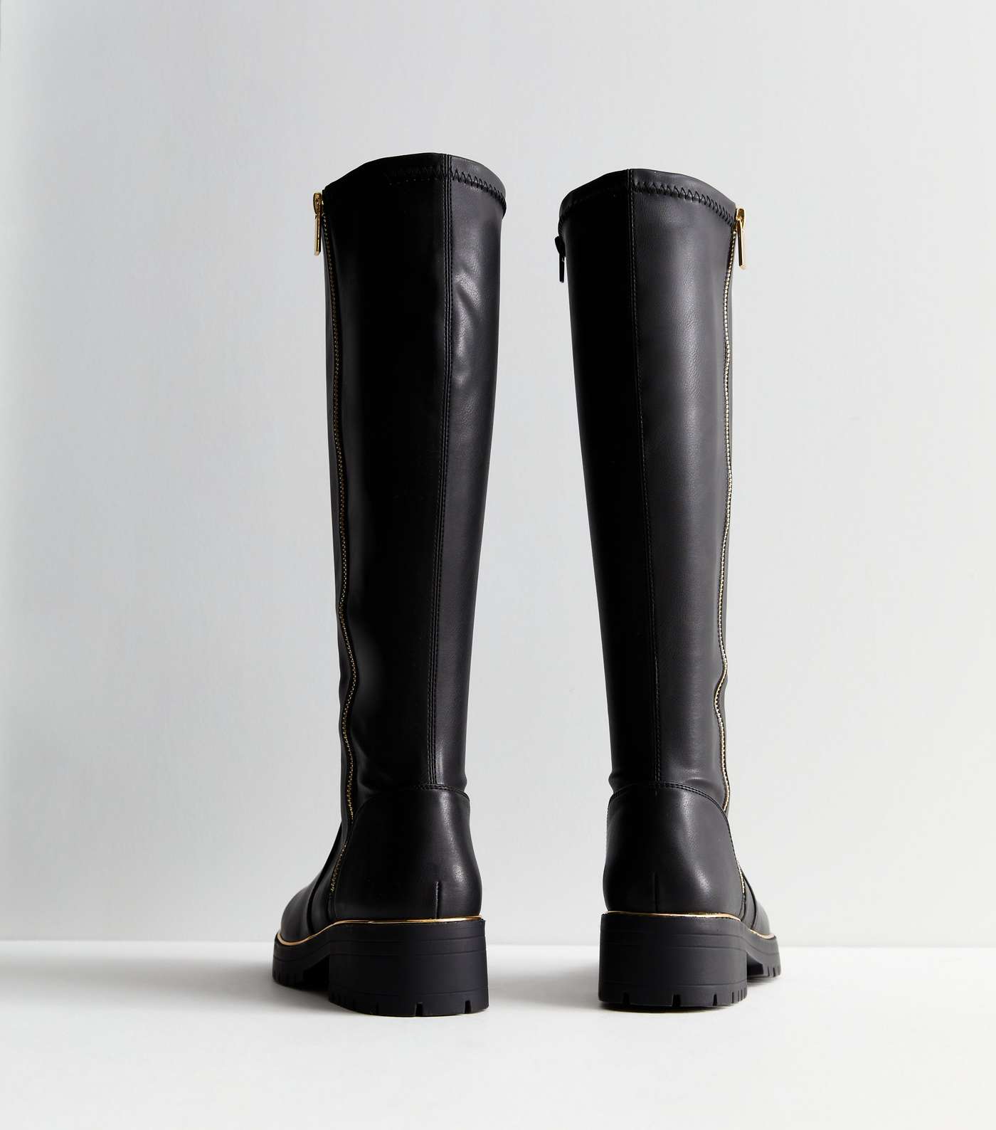 Wide Fit Black Leather-Look Chunky Knee High Boots Image 5