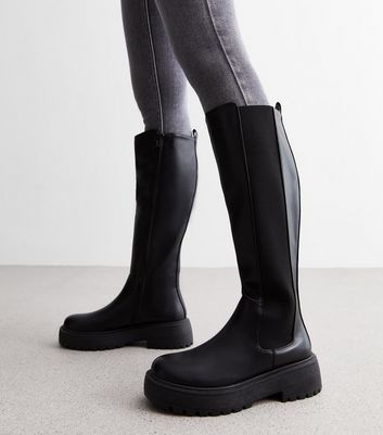Black Leather-Look Chunky Knee High Boots New Look
