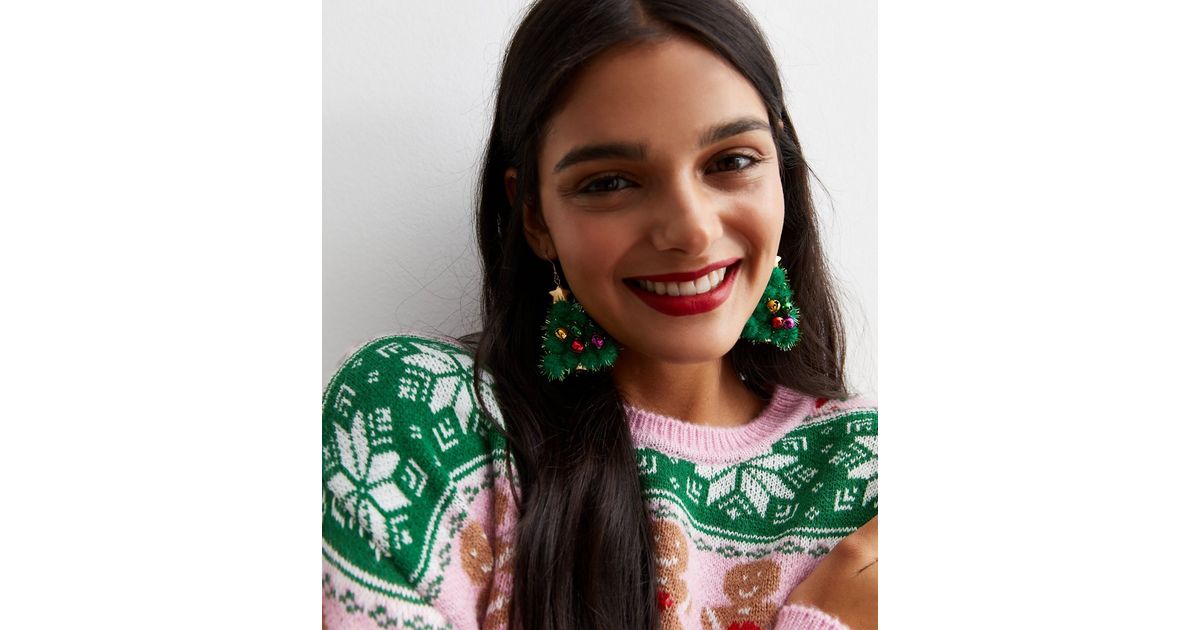 Green Tinsel Christmas Tree Earrings New Look