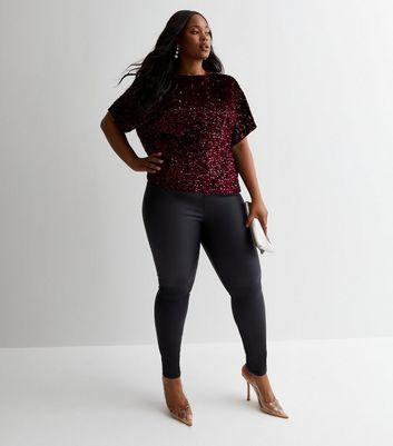 Curves Burgundy Sequin T-Shirt New Look