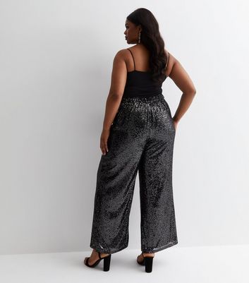 Curves Black Sequin Wide Leg Trousers New Look