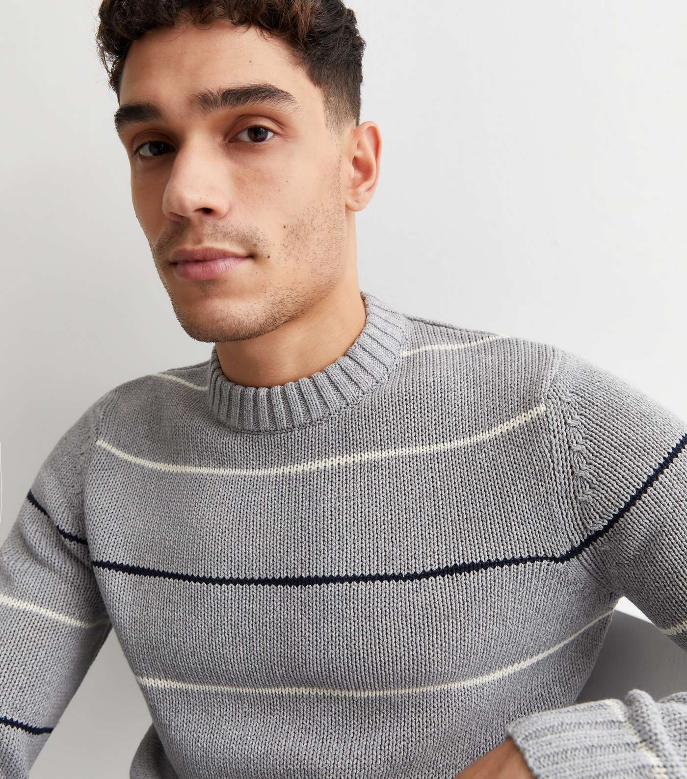 Only & Sons Pale Grey Stripe Knit Crew Neck Jumper Image 3