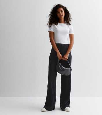 Tall Black Ripple Ribbed Wide Leg Trousers