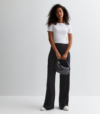 Tall Black Ripple Ribbed Wide Leg Trousers | New Look