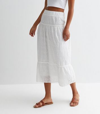 Tall White Broderie Tiered Hem Midi Skirt New Look