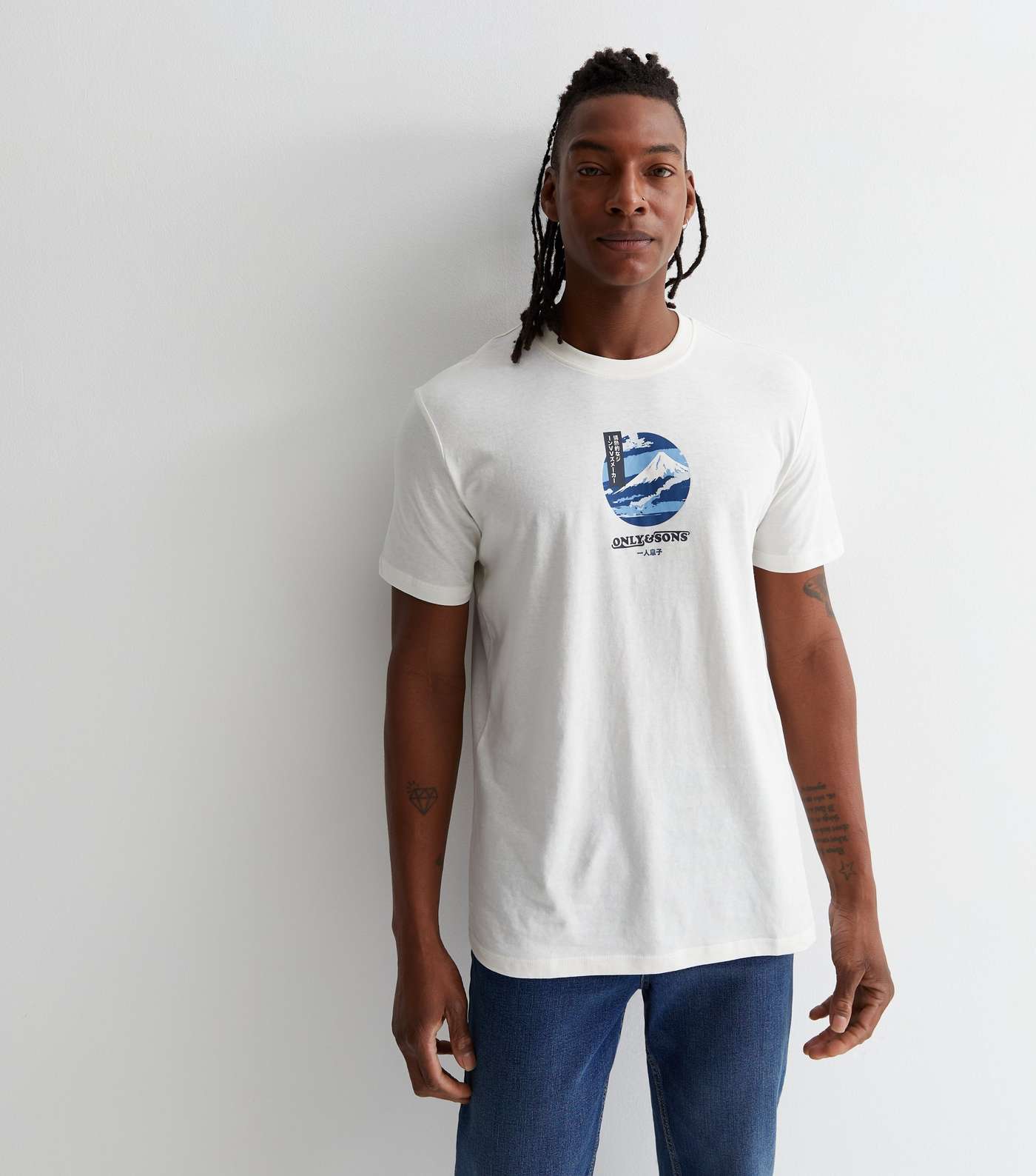Only & Sons Off White Cotton Mountain Logo T-Shirt Image 2