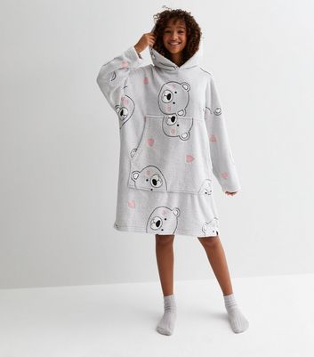 Girls Light Grey Polar Bear Print Oversized Blanket Hoodie New Look