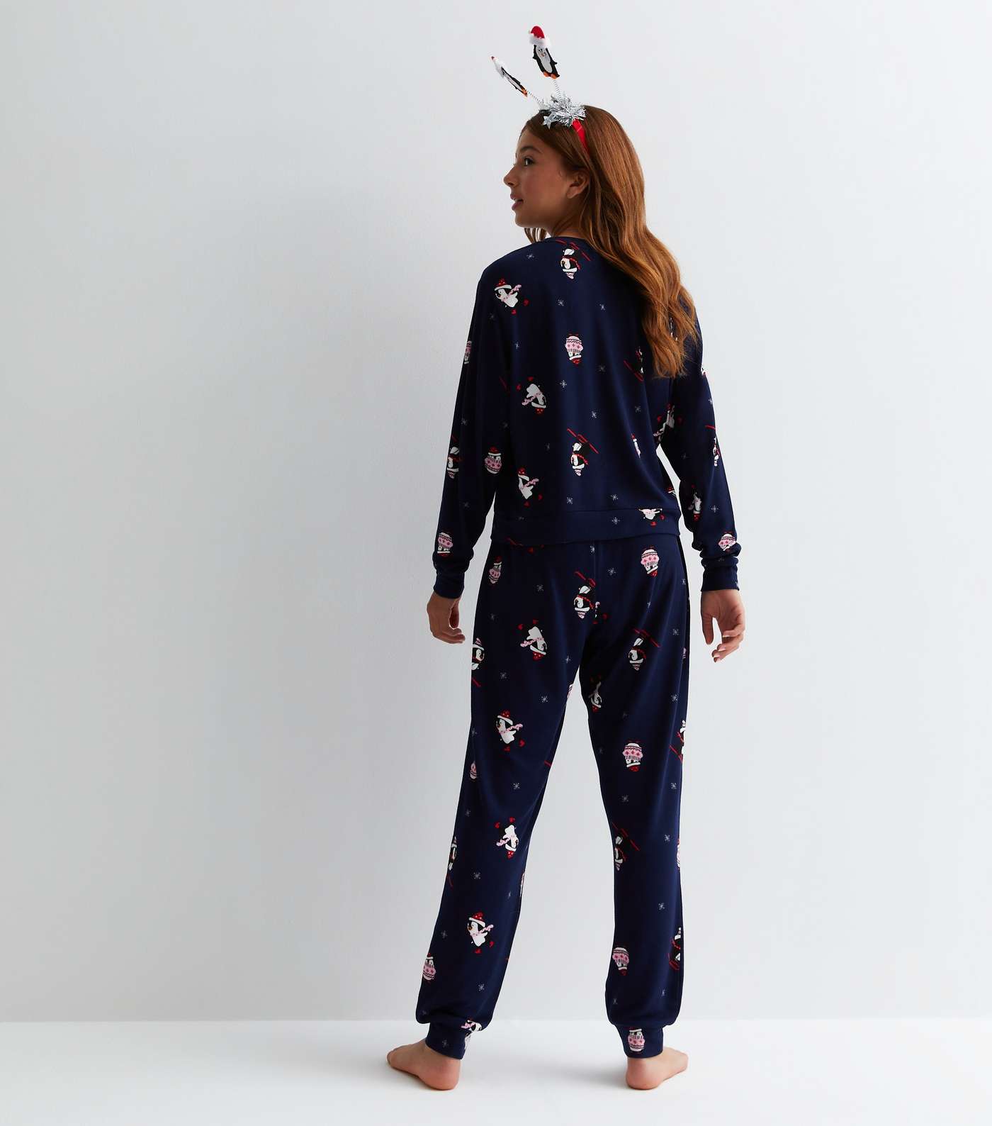 Girls Blue Family Christmas Pyjama Set with Penguin Print Image 5