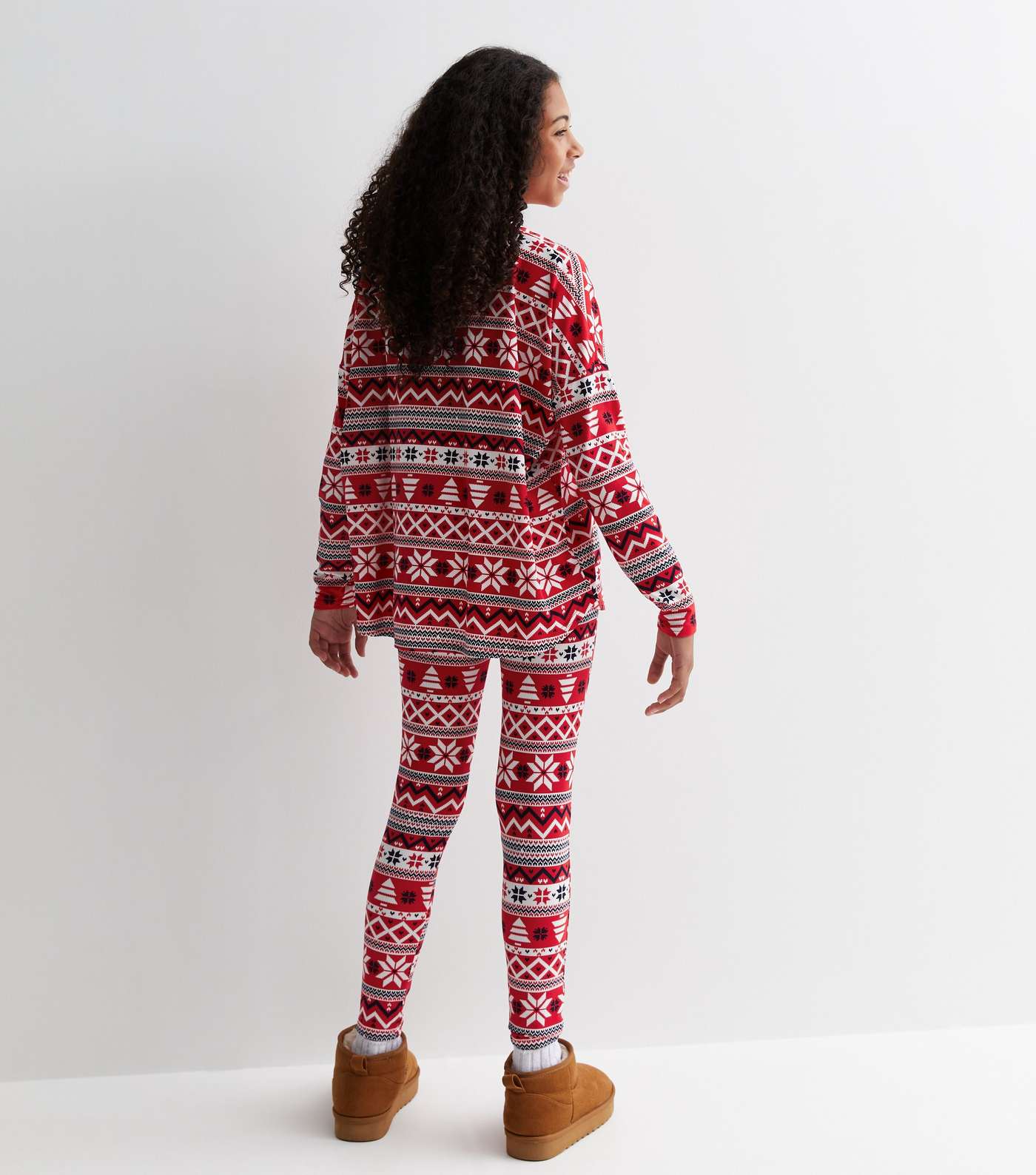 Girls Red Leggings Family Pyjama Set with Fair Isle Print Image 6