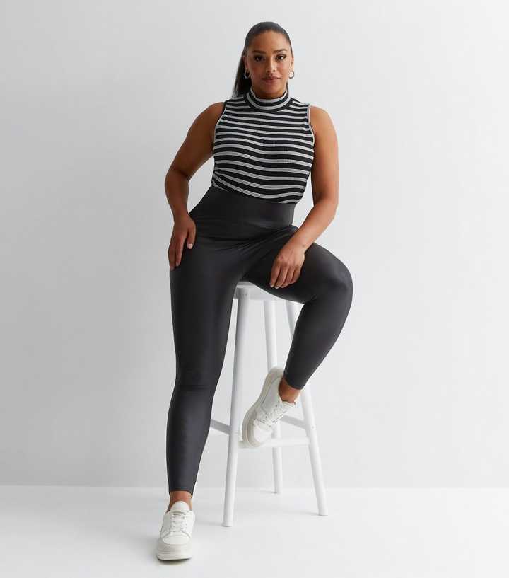 Curves Black Leather-Look High Waist Leggings