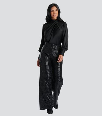 Black Sequin Side Panel Wide Leg Trouser | Simply Be