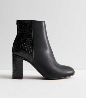 Black Leather-Look Faux Croc Block Heel Ankle Boots