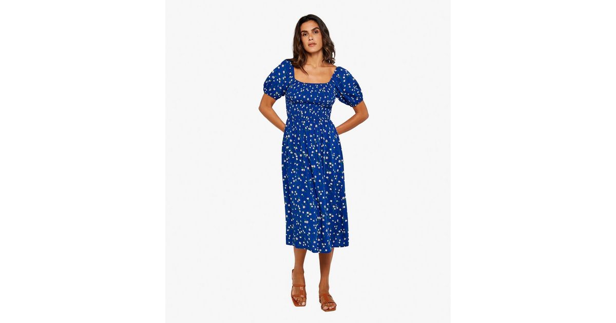 Apricot Blue Floral Puff Sleeve Midi Dress | New Look