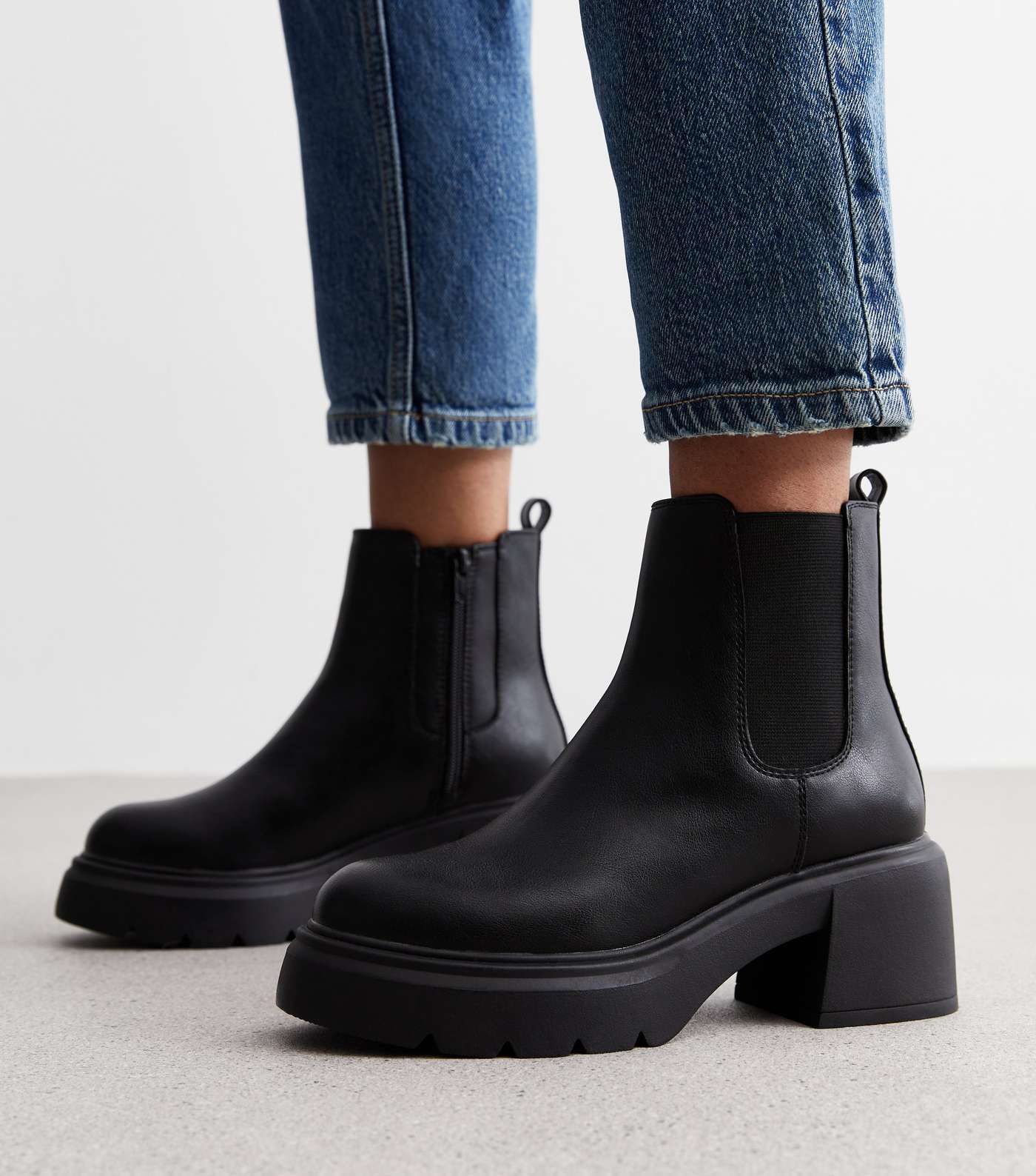 Black Leather-Look Chunky Block Heel Chelsea Boots Image 2