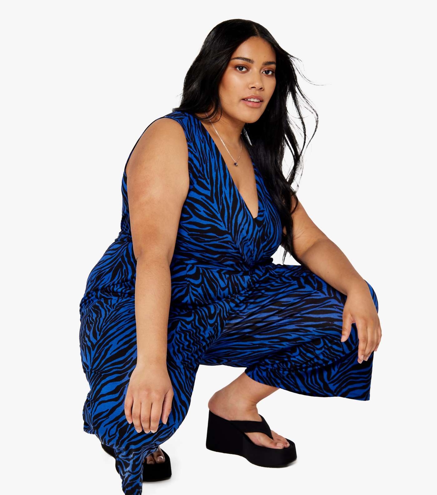 Apricot Curves Blue Zebra Print Wide Leg Cropped Jumpsuit Image 4