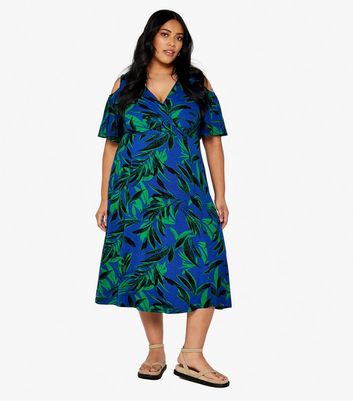 Apricot Curves Blue Leaf Cold Shoulder Midi Dress | New Look