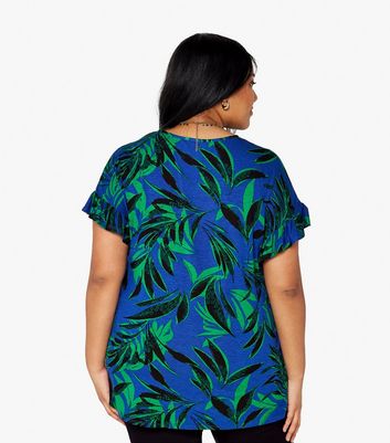 Apricot Curves Blue Tropical Leaf Print Top New Look