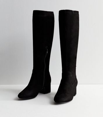 Black Suedette Stretch Knee High Block Heel Boots New Look