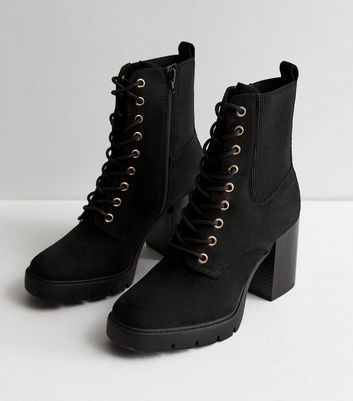 Wide fit black suedette store block heel hiker boots