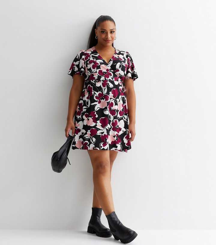 Curves Black Floral Wrap Mini Dress