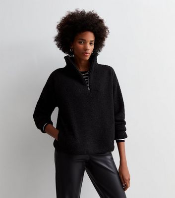 Black Teddy Zip Neck Sweatshirt New Look