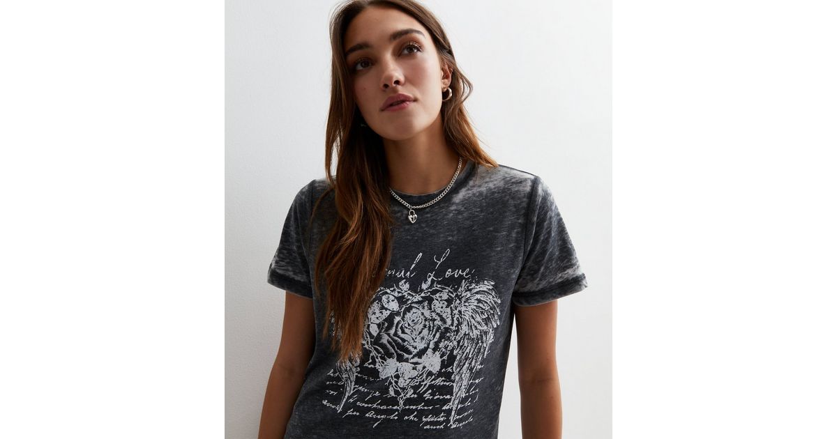 Dark Grey Acid Wash Rose Logo TShirt New Look