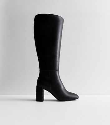 Extra Calf Fit Black Leather-Look Block Heel Knee High Boots New Look
