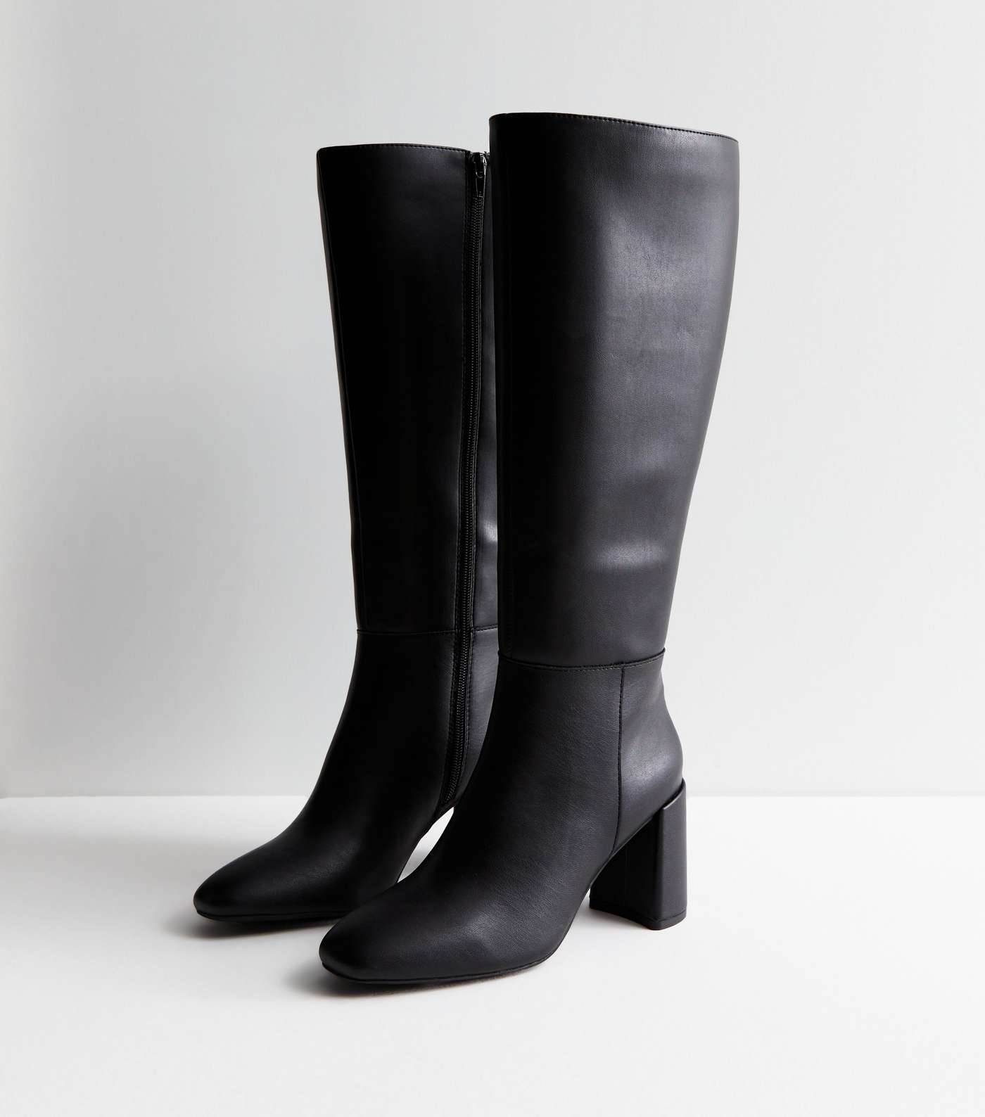 Extra Calf Fit Black Leather-Look Block Heel Knee High Boots Image 2