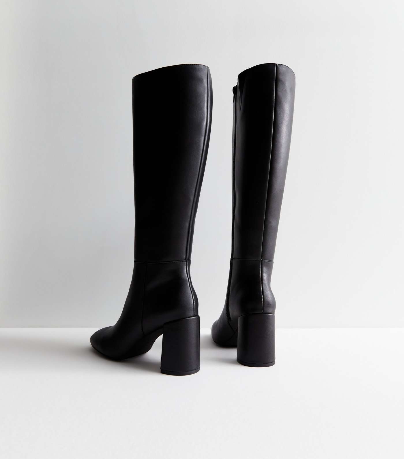 Extra Calf Fit Black Leather-Look Block Heel Knee High Boots Image 4