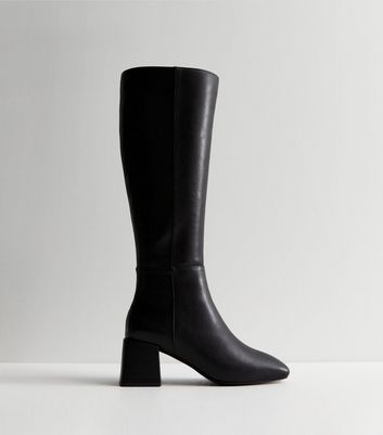 Black Leather-Look Block Heel Knee High Boots | New Look