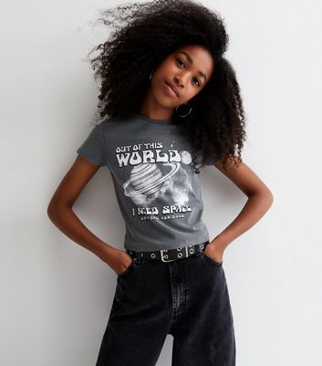 Girls Dark Grey Acid Wash Out Of This World Logo T-Shirt New Look