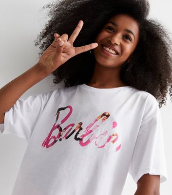 Girls White Cotton Barbie Logo Long Oversized T-Shirt New Look