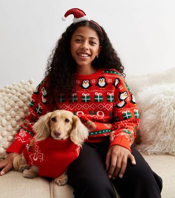 Girls Red Knit Christmas Family Jumper New Look