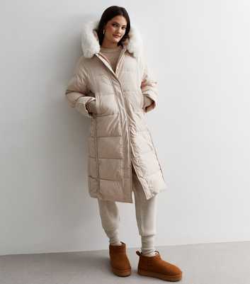Cameo Rose Off White Faux Fur Hooded Longline Puffer Coat