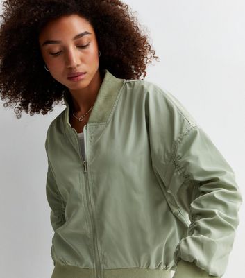 Cameo Rose Light Green Ruched Sleeve Oversized Bomber Jacket New Look