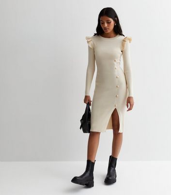 Cameo Rose Stone Frill Shoulder Knitted Midi Dress | New Look