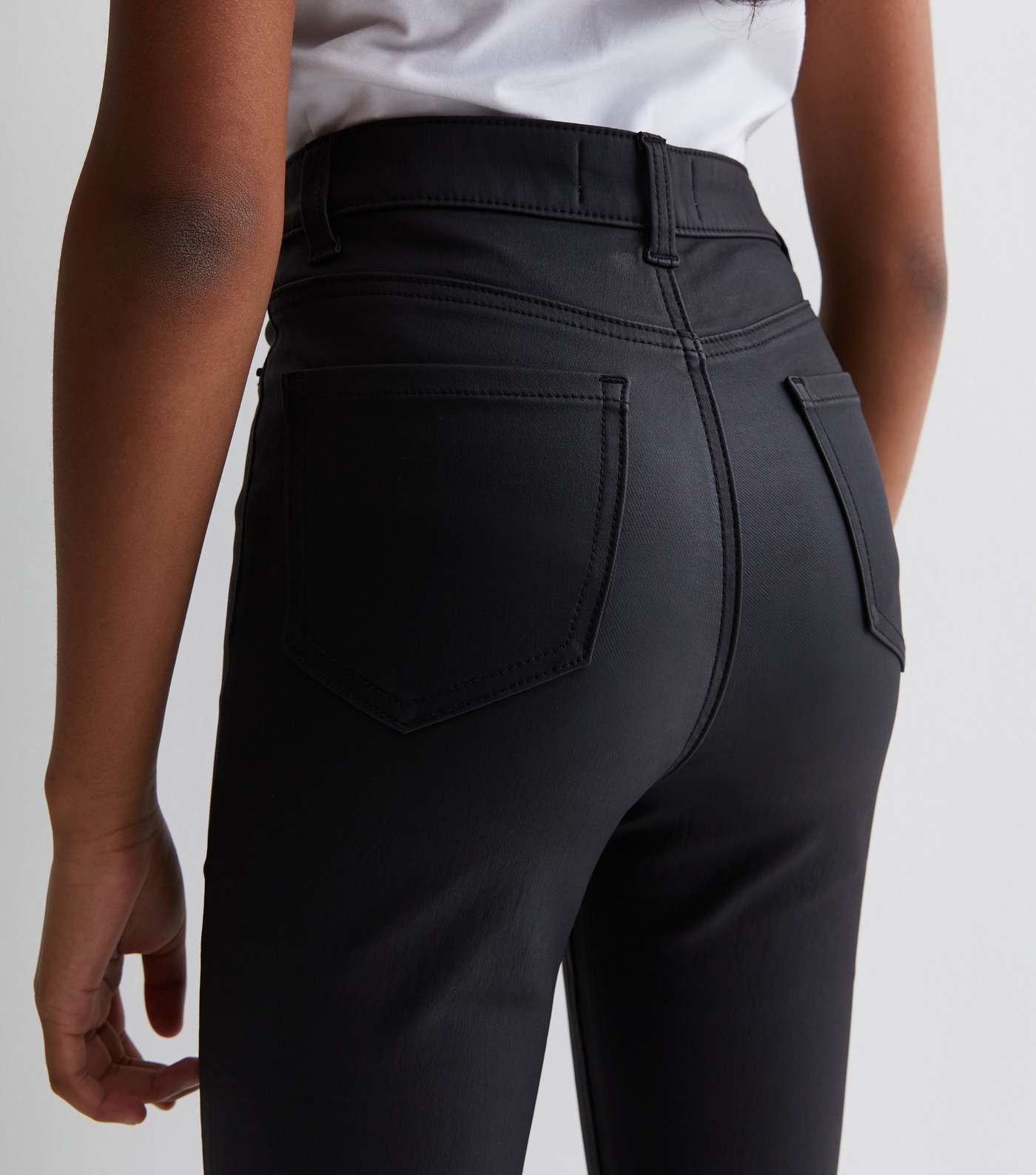 Girls Black Leather-Look Skinny Jeans Image 2