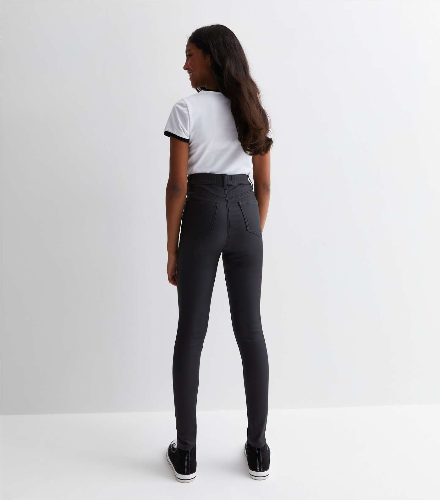 Girls Black Leather-Look Skinny Jeans Image 4