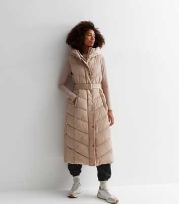 Cameo Rose Camel Long Belted Hooded Puffer Gilet