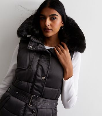 Cameo Rose Black Faux Fur Hooded Long Gilet New Look