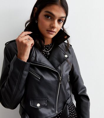 Cameo Rose Black Leather-Look Belted Cropped Biker Jacket | New Look
