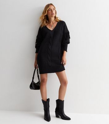 Cameo Rose Black Cable Knit Oversized Mini Dress New Look