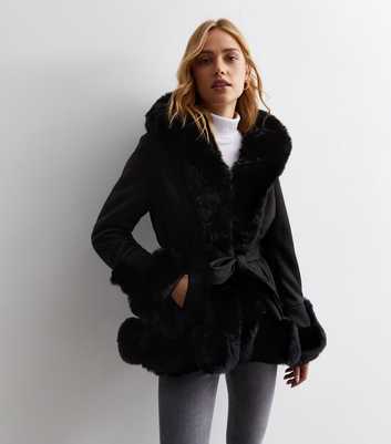 Cameo Rose Black Suedette Faux Fur Trim Wrap Coat