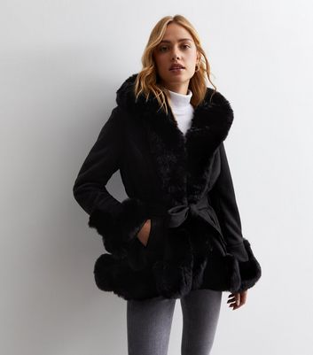 Cameo Rose Black Suedette Faux Fur Trim Wrap Coat New Look