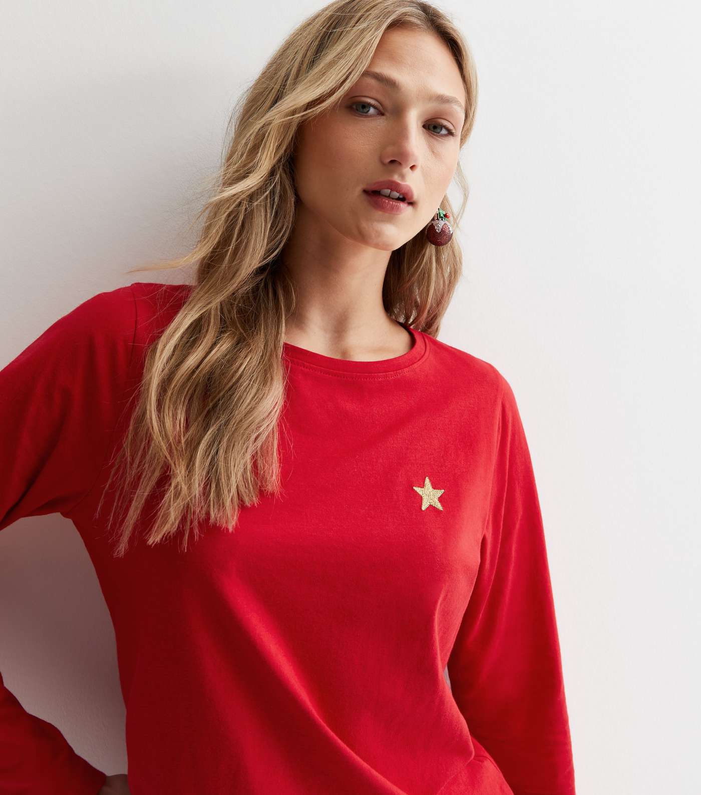 Red Trouser Pyjama Set with Check Print Image 2