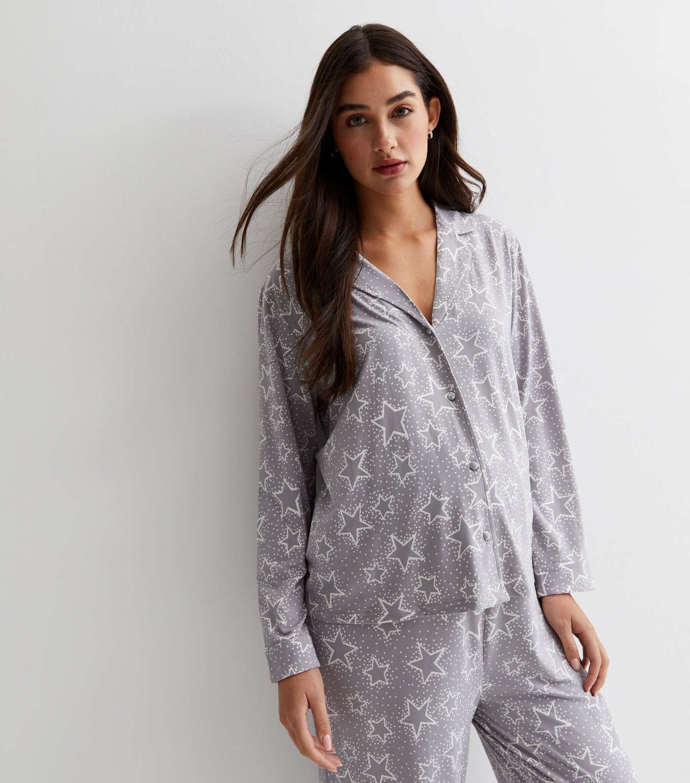 Maternity Light Grey Revere Trouser Pyjama Set with Star Print