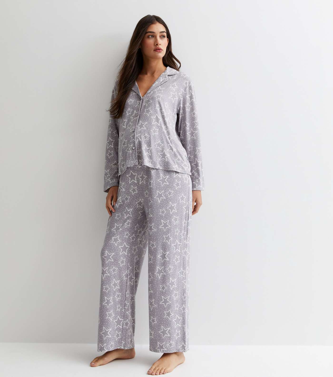 Maternity Light Grey Revere Trouser Pyjama Set with Star Print Image 3
