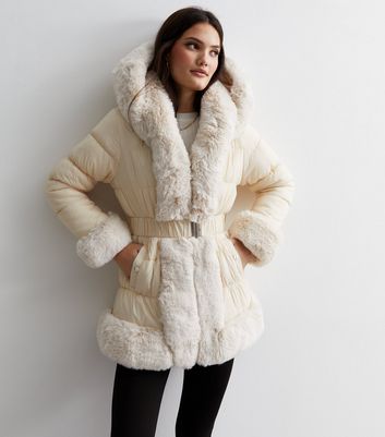 Cameo rose black patent store faux fur trim puffer jacket