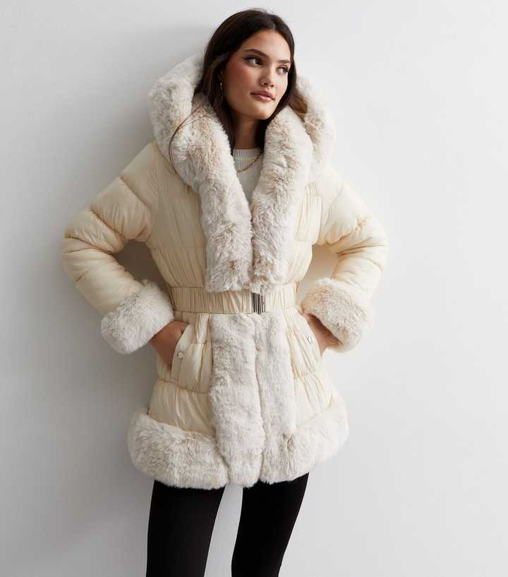 Cameo Rose Off White Faux Fur Trim Belted Puffer Coat